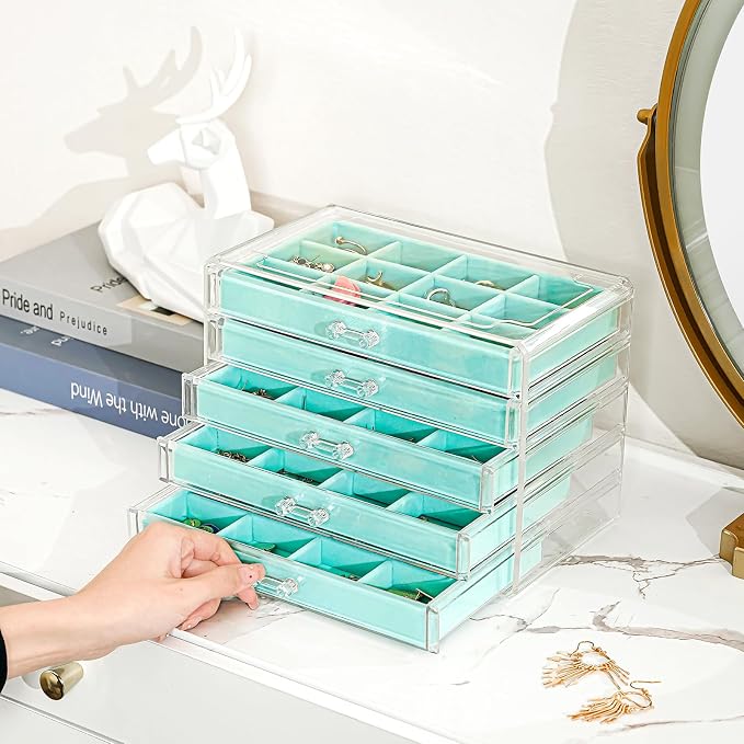 ProCase Earring Holder Organizer Jewelry Box with 5 Drawers, Acrylic Clear Earring Case with Adjustable Velvet Trays for Women - Aqua, 5 Layers - Image 3