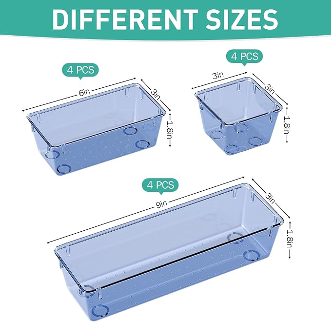 WOWBOX 6 Pack Clear Drawer Organizer Set, Acrylic Drawer Storage Trays, Storage Bins for Makeup, Cosmetics, Jewelries, Utensils, Gadgets, Office, Dark Blue - Image 2