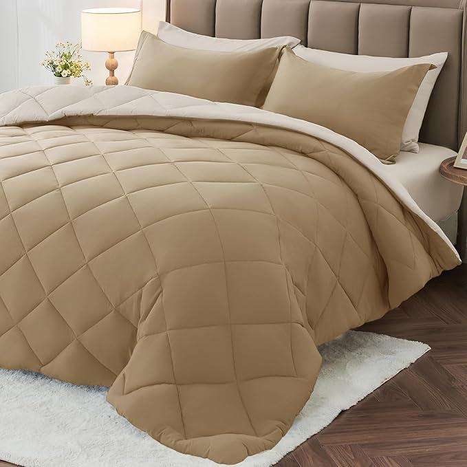 MUXHOMO 7 Pieces King Comforter Set, Reversible Bed in a Bag King Size, All Season Bedding Set with Comforter, Flat Sheet, Fitted Sheet, Pillowcases & Shams, Khaki & Linen