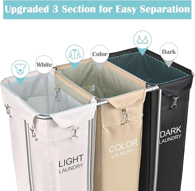 PLKOW Laundry Sorter 3 Section, 220L Large Laundry Cart with Wheels 3 Hamper Laundry Sorter with Steel Frame and Removable Bag, Rolling Laundry Cart for Home, Laundry Room, Hotel, 6 Bushel - Image 3