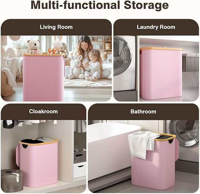 Hampers for Laundry Basket with Lid, 145L Extra Large 3 Section Clothes Divided Organizer for Bedroom, Laundry Room, Dirty Clothing Hamper, Pink - Image 6