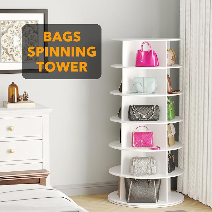 SpaceAid 6 Tier Rotating Shoe Rack Tower, Spinning Shoe Display Lazy Susan, Revolving 360 Shoe Rack Storage Round Carousel, Vertical Handbag Rotate Shoes Closet Organization (6-Tier White) - Image 5