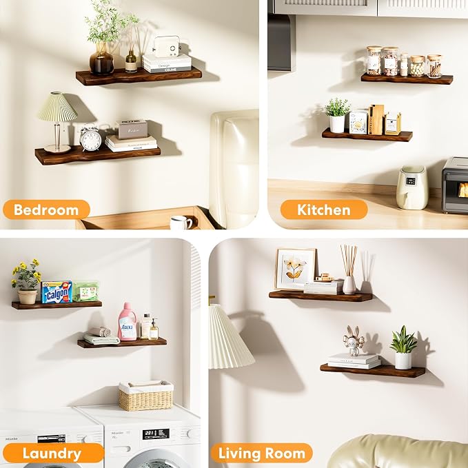 Solid Wood Live Edge Floating Shelves Set of 2 – 24" Rustic Wall Shelf with Hidden Bracket System, Wall Mounted Shelves for Bathroom, Kitchen, Living Room, Bedroom (Walnut) - Image 5