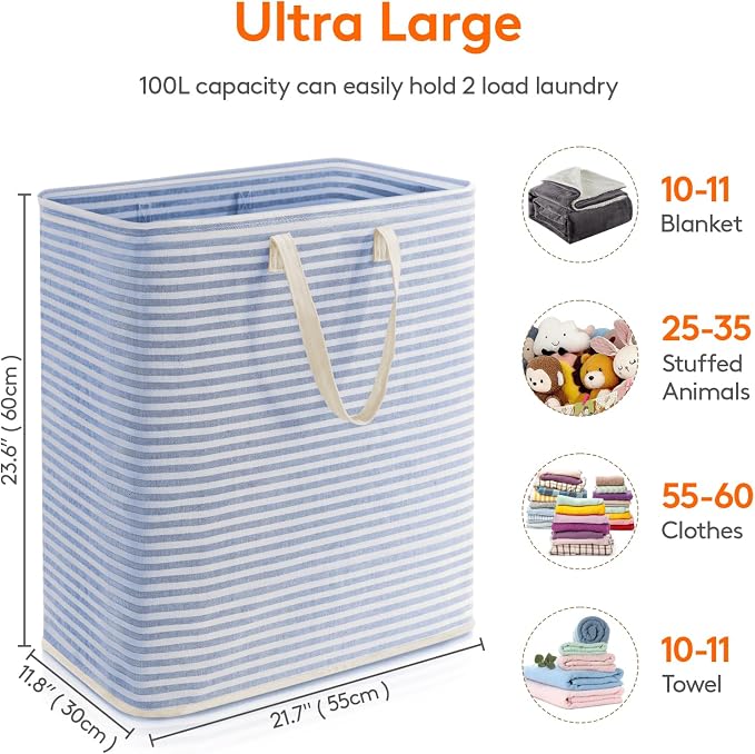 Lifewit 1 Pack Laundry Basket 100L Each, Collapsible Clothes Hamper with Reinforced Handles, Freestanding Waterproof Design for Bedroom and Laundry Room, Blue 100L Total - Image 4