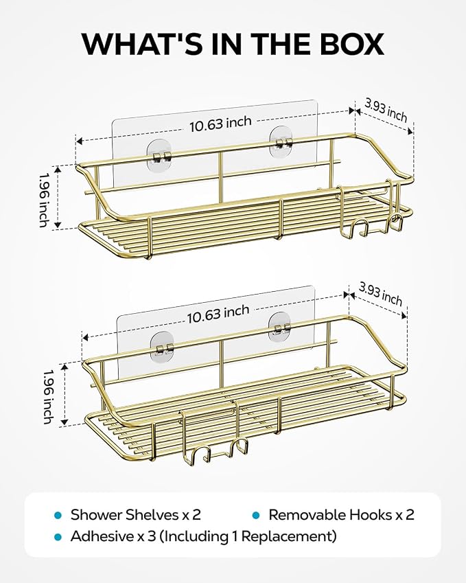 Nieifi Shower Caddy Shelf Storage Rack Adhesive Without Drilling Stainless Steel with Hooks for Washroom, Lavatory, Restroom, Toilet, Bathroom, Kitchen - 2 Pack, Golden - Image 5
