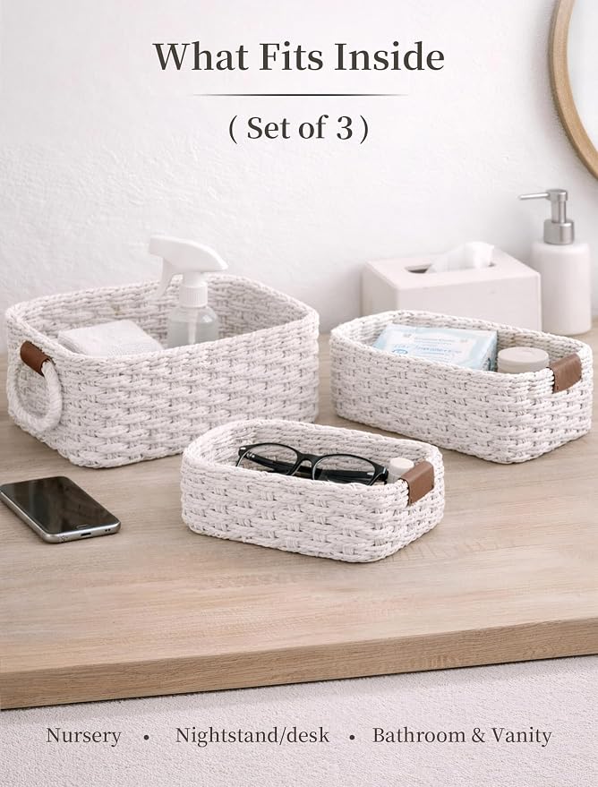 Storage Basket, Recycled Paper Rope Bathroom Basket Organizer, 3Pcs Small Baskets for Organizing, Mini wicker Basket for Decorative Storage Bins, Shelves, Bathroom, Cabinet - White - Image 3