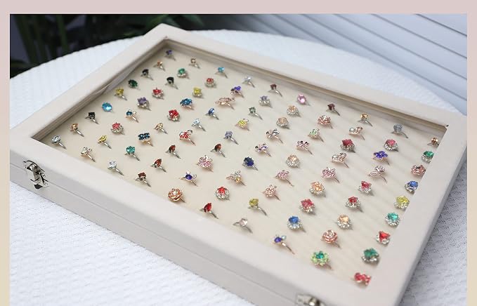 Stratalife Jewelry Organizer Ring Storage Display Tray with Clear Glass Lid Velvet Jewelry Showcase Ring Box for Multiple Rings Drawer Display 100 Slot (Beige) - Image 5