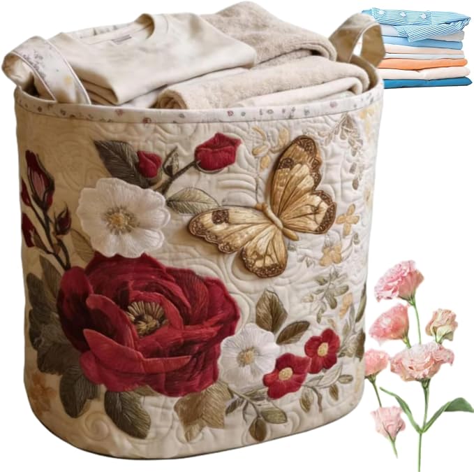 Quilted Laundry Basket with Handles, Boho Floral Fabric Storage Hamper, Large Soft Quilted Laundry Basket for Nursery, Bedroom, Laundry Room,Clothes & Toys (D, S) by qusanii