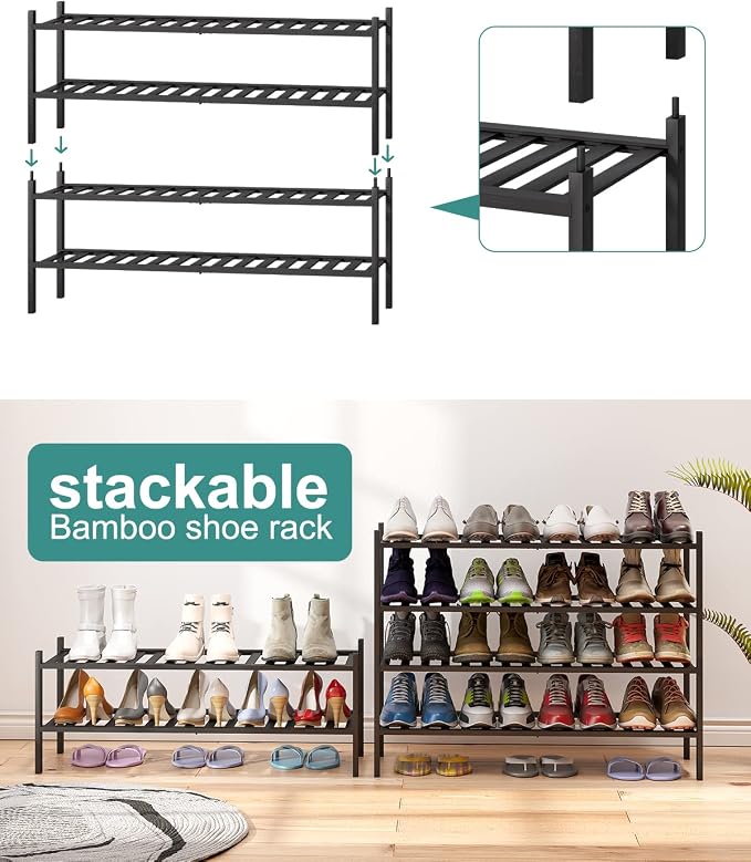viewcare Black 4-Tier Long Shoe Rack, Bamboo Wood, 33-Inch - Image 6
