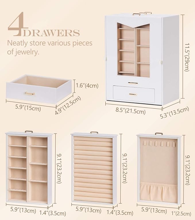 Homde Jewelry Organizer with Transparent Window Necklace Hooks Gift for Women Jewelry Box Display Case for Necklaces Rings Earrings Bracelets and Other Jewelry Accessories (White + Gold) - Image 6