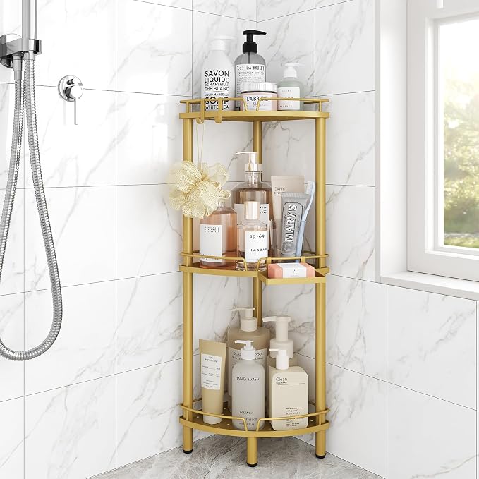 ELYKEN Corner Shower Caddy Standing, 3 Tier Rustproof Metal Shower Organizer with Soap Holder, Floor Shower Corner Shelf Rack Storage Stands with Adjustable Feet & 2 Hooks for Bathroom, Gold by ELYKEN