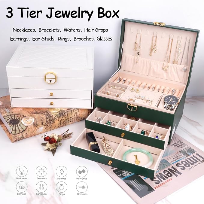 3 Layer Jewelry Box Organizer with Drawers, Lockable PU Leather Jewelry Storage Case for Mothrer's Day gifts Necklace Earring Ring Bracelet Watch, White - Image 4