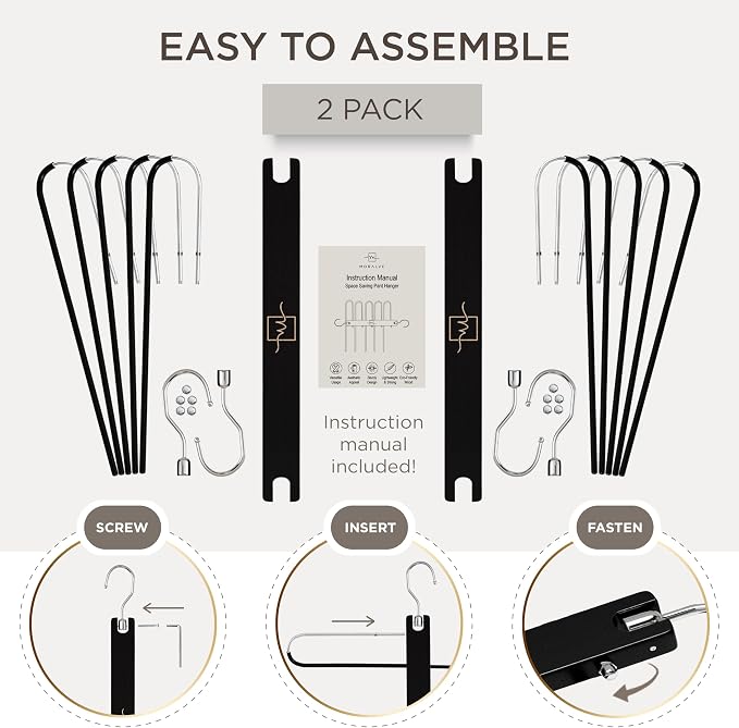 MORALVE Pants Hangers Space Saving - 2 Pack European Beechwood Scarf and Jean Hangers - Closet Organizer and Space Saver Pant Rack, Leggings Hanger, and Scarf Holder with 360° Swivel Hook - Image 7
