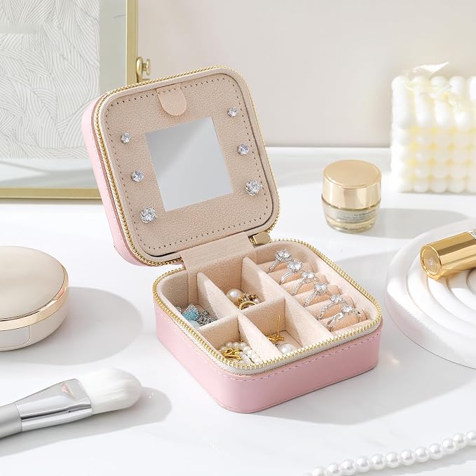 Genuine Leather Travel Jewelry Case Organizer with Mirror for Women, Small Jewelry Box Portable Mini Jewelry Case for Earring, Ring, Necklace, Bracelet(Pink) - Image 3