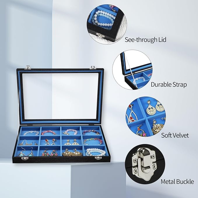 Stratalife Jewelry Organizer Bracelet Earring Holder Organizer Jewelry Drawer Storage Anti Tarnish Bangle Ring Holder Box for Women 12 Grid (Blue Black) - Image 3