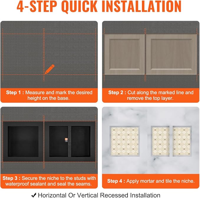 VEVOR Shower Niche Ready for Tile 16" x 16" & 16" x 20", Triple Shelf Organizer, Square Corners Wall-Inserted Niche Recessed, Sealed Protection Modern Soap Storage Niche for Shower Bathroom, Black - Image 7