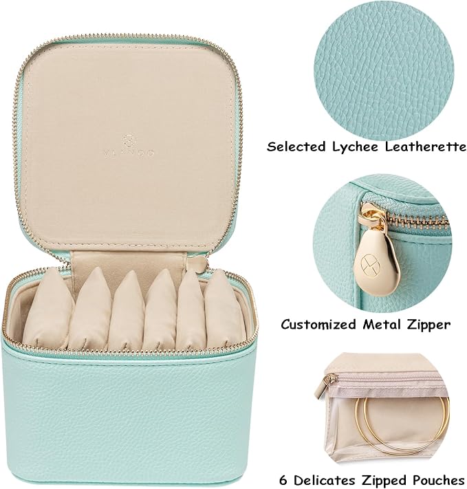 VLANDO Travel Jewelry Box Organizer – Portable PU Leather Jewelry Case with 6/8/12 Zippered Pouches, Compact Storage for Earrings Rings Necklaces Bracelets, Aqua Blue - Image 7