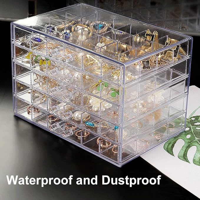 QIYUSHRY Earring Storage Box Acrylic Jewelry Storage Holder Ring Clear Plastic Transparent Jewelry Display Stand with 5 Drawers 120 Small Compartment Tray for Women Girls - Image 6