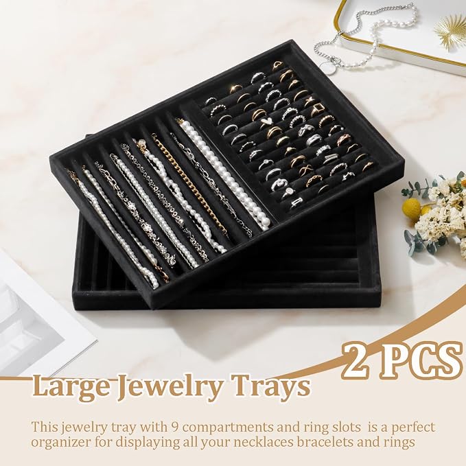 Large Velvet Jewelry Tray 2 Pack Stackable Jewelry Display Drawer Inserts Trays Organizer for Earring Bracelet Necklace Ring (Black, Ring and 9 Grids) - Image 2