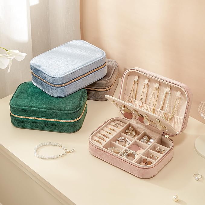 CASEGRACE Plush Velvet Travel Jewelry Box, Portable Jewelry Case for Women Girls, Double Layer Jewelry Organizer Display Box for Necklace Earring Rings Bracelet, Travel Accessory Gifts, Pink - Image 7