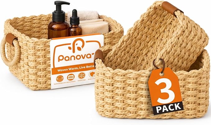 Storage Basket, Recycled Paper Rope Bathroom Basket Organizer, 3Pcs Small Baskets for Organizing, Mini wicker Basket for Decorative Storage Bins, Shelves, Bathroom, Cabinet - Beige by Panovox