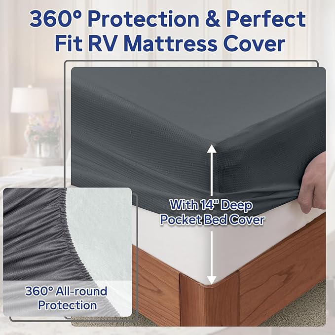RV King Mattress Protector, Waterproof Mattress Cover with 14" Deep Pocket Bed Cover, Fitted Sheet Style Noiseless Breathable Machine Washable, Dark Gray (72'' X 80'')