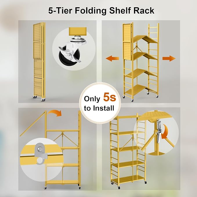 Himix Storage Shelves with 20 Hooks, 5-Tier Foldable Shelves for Storage, Folding Shelf Unit Pantry Shelves with Wheels, Standing Shelving Unit for Kitchen Garage Home Office Room Greenhouse, Gold - Image 5
