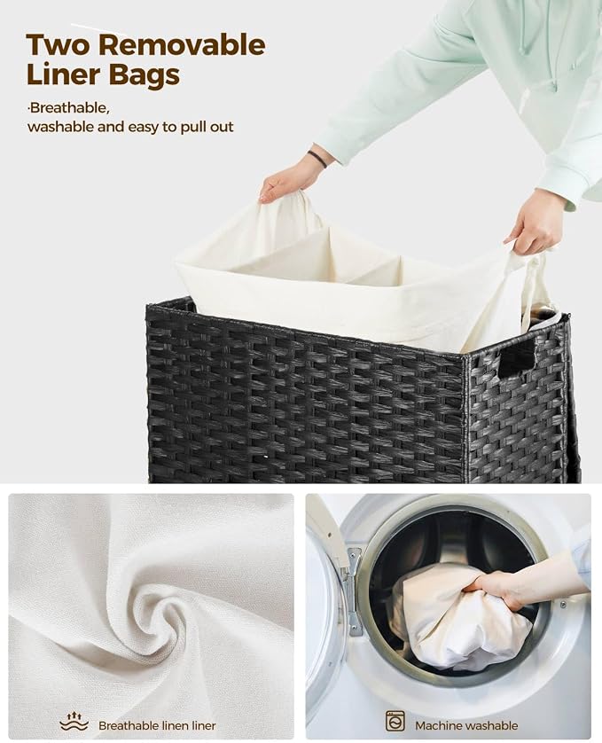 Greenstell Laundry Hamper with Wheels&Lid, 130L Large 3 Sections Clothes Hamper with 2 Types Removable Liner Bags, 5 Mesh Laundry Bags, Handwoven Divided Laundry Basket Black - Image 4