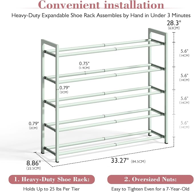 Bumusty 5-Tier Expandable Shoe Rack for Closet, 18“-33” Adjustable Shoe Rack for Small Space, Small Shoe Organizer for Front Door, Sturdy Metal,Green - Image 3