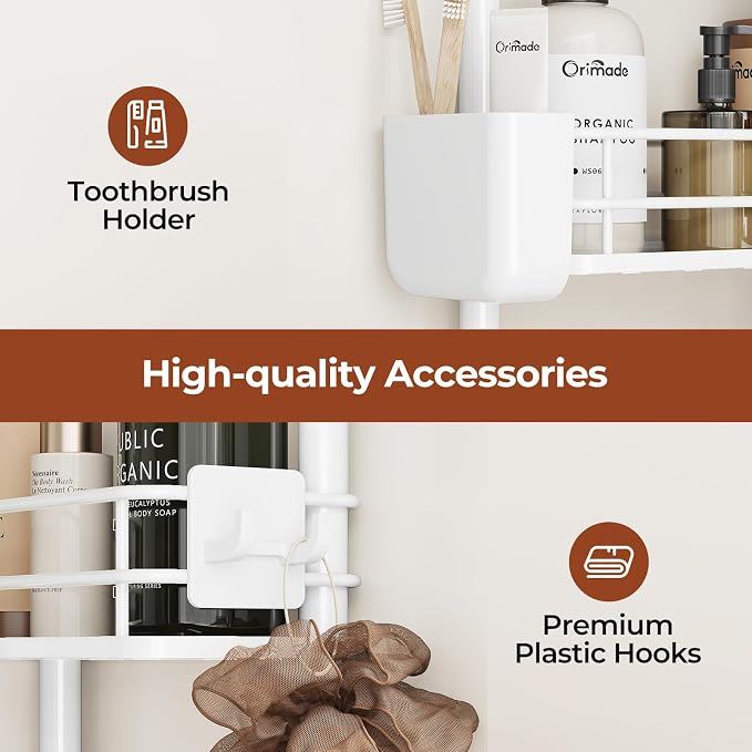Orimade Rustproof 2 Tier Floor Standing Corner Shower Caddy Organizer with Toothbrush Holder, Large Spacing Floor Shower Shelf Rack Storage Stands with Hooks for Bathroom Kitchen, White - Image 8