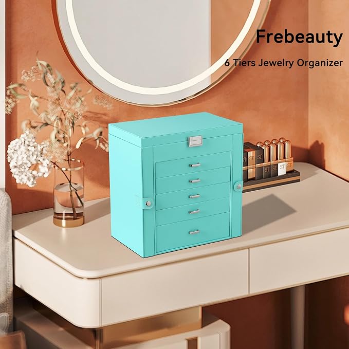 Frebeauty Large Jewelry Box,6-Tier PU Leather Jewelry Organizer,Multi-functional Storage Case with Mirror,Accessories Holder with 5 Drawers for Necklace Bracelets Watches(Turquoise) - Image 2