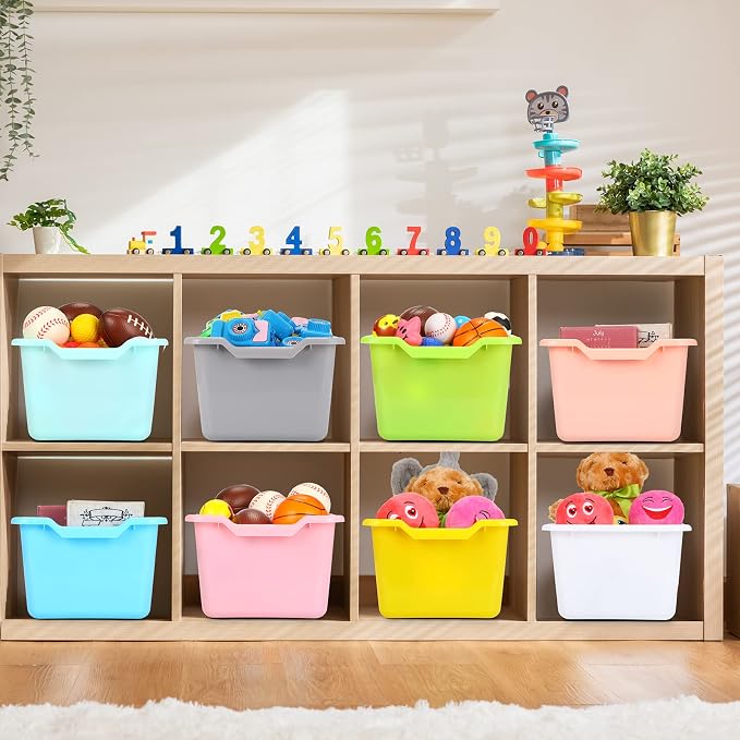Dandat 16 Pcs Plastic Book Bins for Classroom Library Cubby Bins Scoop Front Stackable Toy Storage Tubs Containers for School Office Home Nursery Playroom Organization(Candy Color) - Image 6