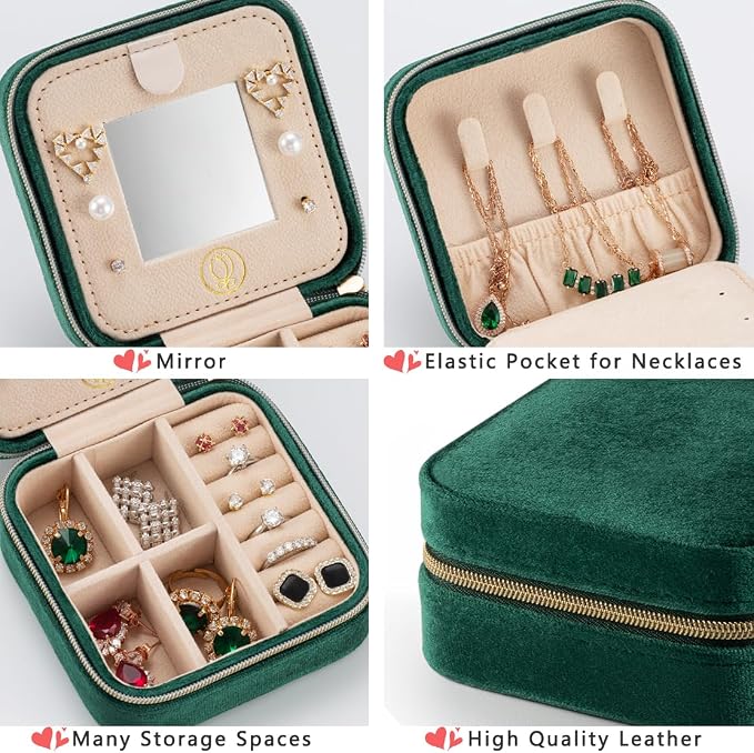 Plush Velvet Jewelry Travel Case,Small Jewelry Box,Traveling Jewelry Organizer,Portable Jewellery Storage Holder for Rings Earrings Necklace Bracelet, for Girls Women | Green-Mirror - Image 4