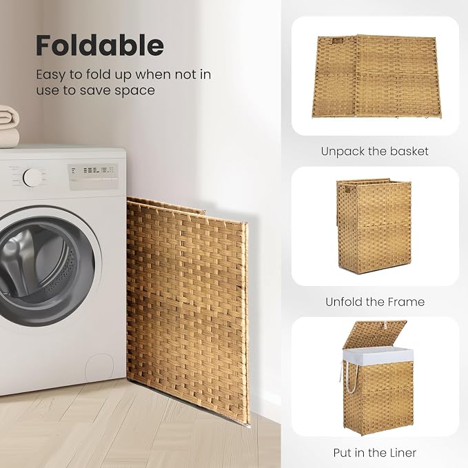 DUMOS Woven Laundry Basket with Lid, 90L Large Capacity Hamper, Removable & Machine-Washable Liner, Foldable Rattan Clothes Hamper, Sturdy Steel Frame, Odor Control, Goose Yellow - Image 6