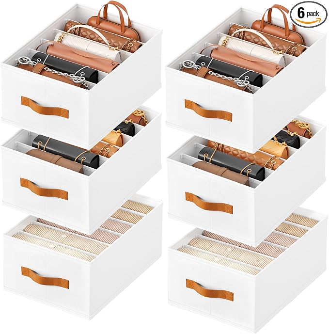 Homsorout Purse Organizer for Closet, Fabric Handbag Storage Organizer with Handles, Foldable Bag Organizer Drawer for Flat Handbags, Clothes, Towels or Pants, Closet Storage Organizer, White, 6 Pack by Homsorout