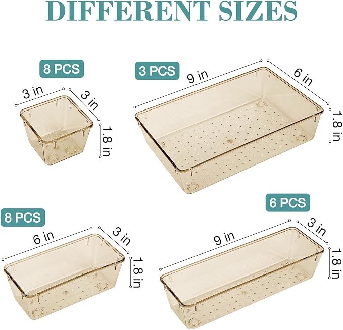 StorMiracle 25 PCS Drawer Organizer Set, 5 Varied Size Bathroom and kitchen Drawer cabinet organizer Trays, Clear Storage Bins for Makeup, Jewelry, Utensils and Gadgets, Champagne - Image 2
