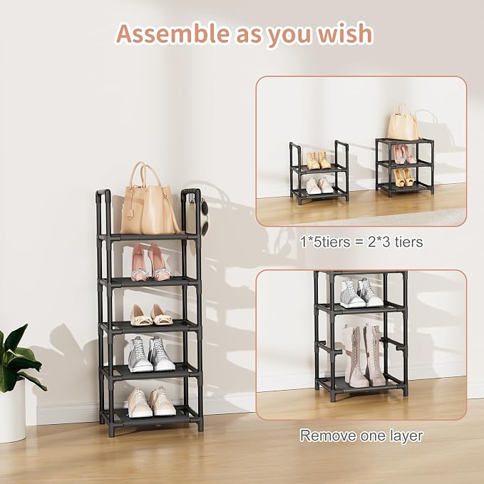 LANTEFUL Narrow Shoe Rack 5 Tier Shoe Shelf Storage for 5-10 Pairs Shoe and Boot, Sturdy Shoe Storage Space Saving Corner Shoe Rack Organizer for Closet, Entryway, Living Room, Black - Image 5