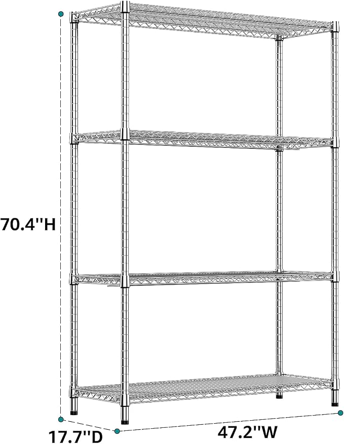 IZEUK 3400 LBS Garage Shelving Wide Storage Shelves 4 Tier Metal Shelves Heavy Duty Adjustable Utility Shelf Rack Chrome 17.7" D x 47.2" W x 70.4" H - Image 3
