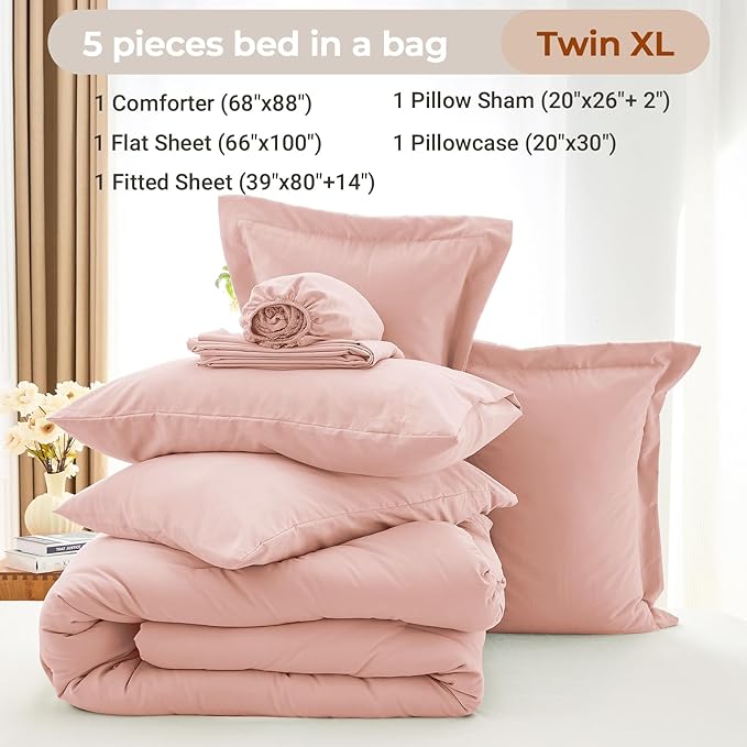 MUXHOMO 5 Pieces Twin XL Comforter Set, Soft Bed in a Bag Twin XL Size, All Season Bedding Set with Comforter, Flat Sheet, Fitted Sheet, Pillowcases & Shams, Rose Gold