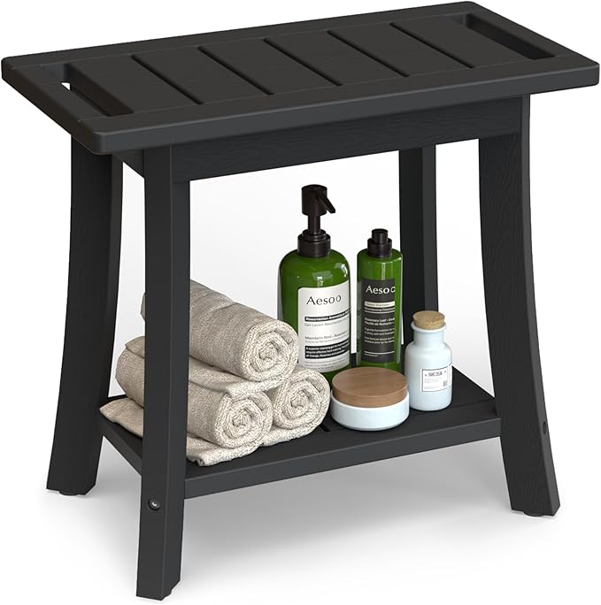 HIPS Shower Bench Inside Shower Stool with Storage Shelf, Waterproof Spa Bath Chair for Bathroom, Seat or Organizer for Living Room, Bedroom - Great for All Ages Unisex Elderly (Medium, Black) by Unibambou