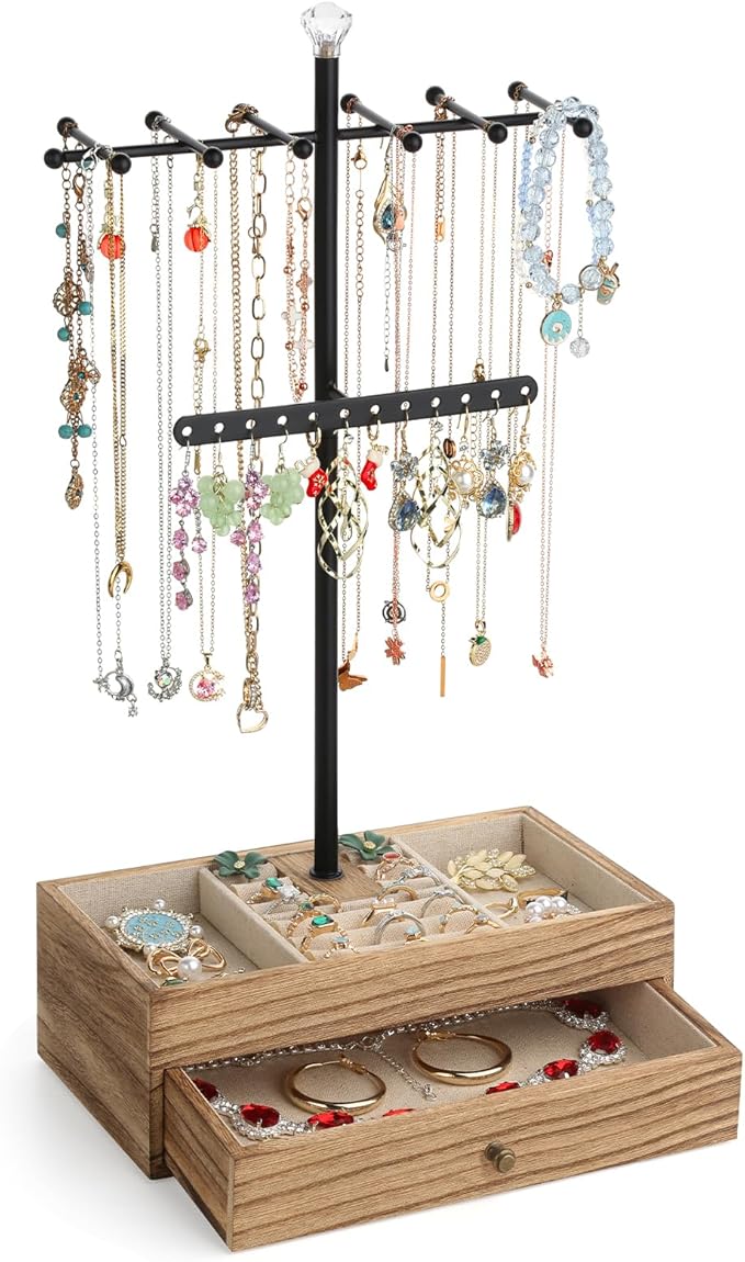 Meangood Jewelry Organizer Stand, 3-Tier Necklace Holder Jewelry Tree with Wooden Storage Drawer Box for Necklace Bracelet Earring Ring, Carbonized Black by Meangood