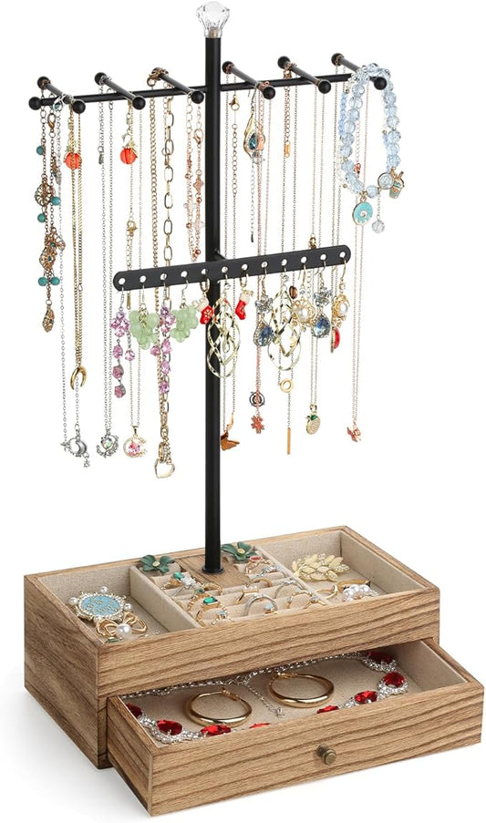 Meangood Jewelry Organizer Stand, 3-Tier Necklace Holder Jewelry Tree with Wooden Storage Drawer Box for Necklace Bracelet Earring Ring, Carbonized Black by Meangood