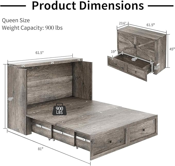 LUXOAK Murphy Bed Queen Size Cabinet Bed with Charging Station, Large Storage Drawer for Home Office or Small Room, Hideaway Bed Foldable Platform Bed, Rustic Grey