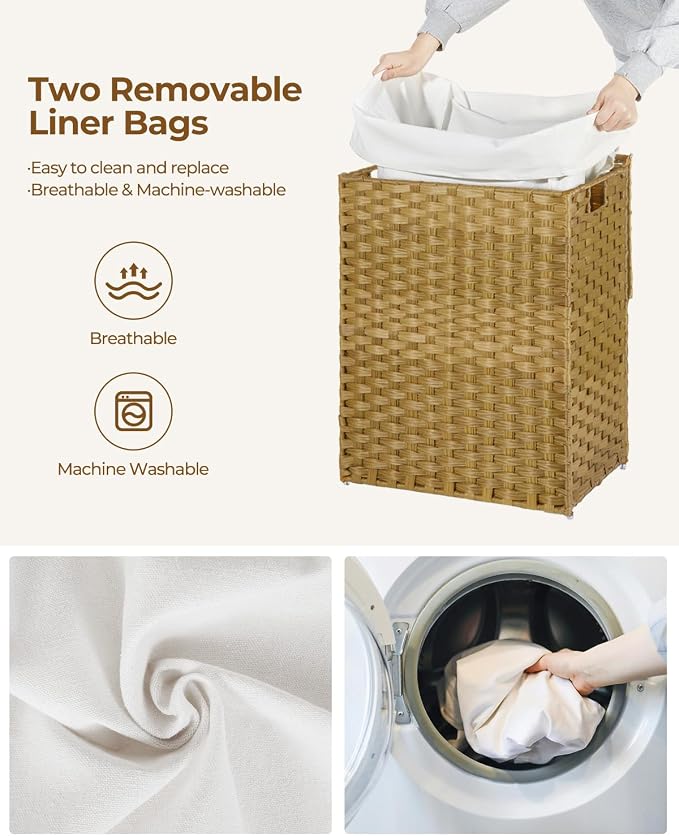 GREENSTELL Laundry Hamper with Lid, 90L Clothes Hamper with 2 Removable Liner Bags & 2 Mesh Laundry Bags, Handwoven Synthetic Rattan Laundry Basket for Clothes, Toys in Bathroom, Bedroom Natural - Image 4