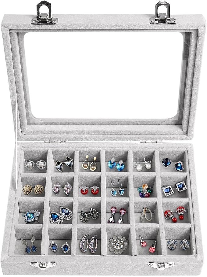 Velvet Jewelry Box 24 Grid Jewelry Earrings Display Organiser Box Ring Tray Holder Earrings Storage Case for Girls Women Wife Mom (Gray) by EONGOA