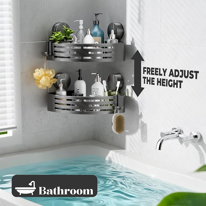ONXE Suction Cup Shower Caddy,No Drilling Corner Shower Shelves Heavy Duty,Shower Organizer with Hooks,Rustproof Waterproof Space Aluminum Bathroom Storage,Home Accessories Decor - Image 5