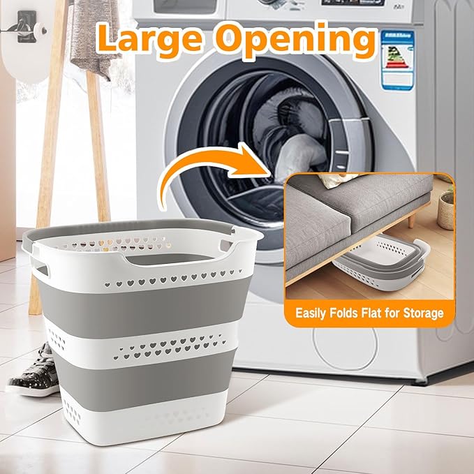 3 Pcs 42L Medium Collapsible Plastic Laundry Basket with Handles, Foldable Laundry Basket Hamper, Pop Up Storage Container Organizer for Washing Storage (Gery, 17 Inch * 13 Inch * 15 Inch) - Image 6