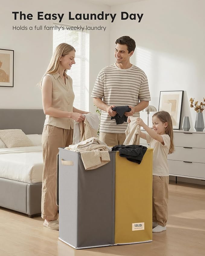 SOLEDI Large Double Laundry Hamper with Lid, Collapsible Clothes Hamper 2 section with Removable Bags, Space-Saving Laundry Basket for Bedroom, Dorm, College - Image 5