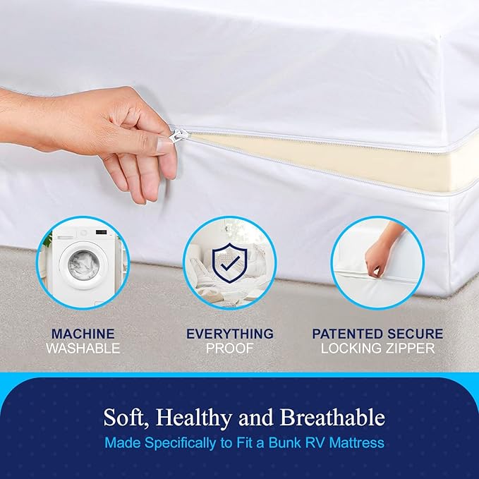 RV 6 Sided Zippered Mattress Protector with Secure Locking Zipper for 60x74 RV Mattress. Creates a Natural Seal Around Your Mattress from Dust, Pet Dander, Pollen, Liquids & More. Oeko-Tex Certified
