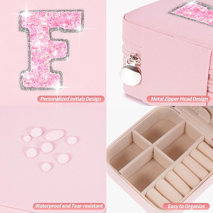 Uygafly Personalized Jewelry Case for Women Girls - Fashion Mini Jewelry Boxes - Trendy Travel Jewelry Organizer with Initials Letter - Teen Gifts | Pink,F - Image 4